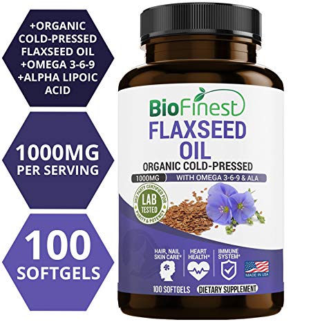 Biofinest Organic Flaxseed Oil Supplement - 1000mg with Omega 3-6-9 & Ala - 100% Organic Cold-Pressed - for Heart Health, Immune Support, Healthy Skin, Nails & Hair (100 Liquid Softgels Capsules)