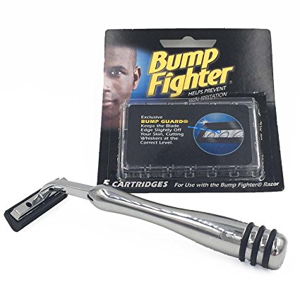 Heavyweight All-metal Bump Fighter Compatible Razor with Rubber Grips and 5 Bump Fighter Blades - A Great Shave System for Men with Sensitive Skin