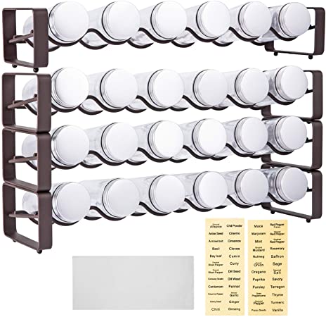 Spice Rack Organizer for Countertop with 24 Spice Containers, Spice Drawer Organizer Insert with Spice Bottles, 4 Spice Racks with 24 Glass Spice Jar, Spice Rack Organizer for Cabinet with Lids & 3 Labels