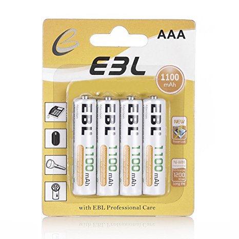 EBL AAA 1100mAh Ni-MH Rechargeable Batteries, 4 Pack Batteries with Retail Package