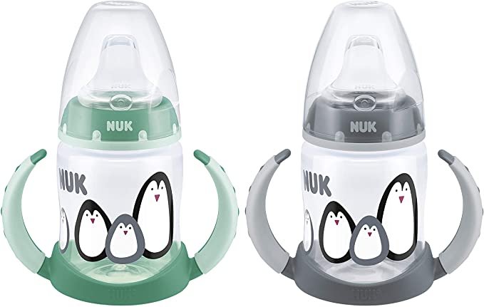 NUK First Choice  Learner Cup Sippy Cup | 6-18 Months | 150 ml | Anti-Colic Vent | Leak-Proof Silicone Spout | BPA-Free | 2 Count | Monochrome Animals (Turquoise and Grey)