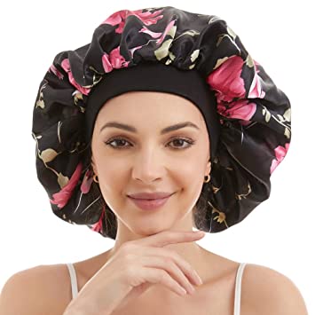 Large Satin Sleep Cap Silk Elastic Night Sleeping Hat Bonnet Nightcap Head Cover with Comfortable Wide Band for Women (TW-4)