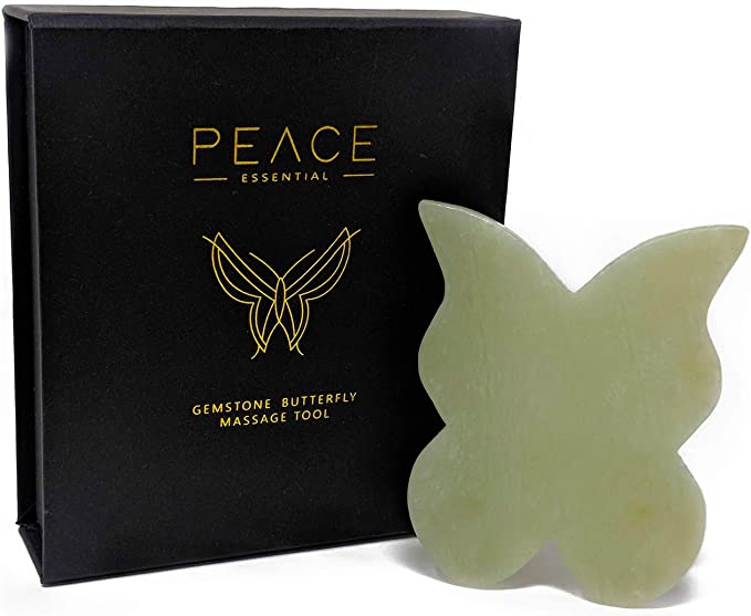 Jade Gua Sha Butterfly Scraping Massage Tool, Gua Sha Tool for Face + Body Massage, 100% Natural Gua Sha Jade Stone, 3 Unique Sides for Multiple Benefits, Jade Butterfly