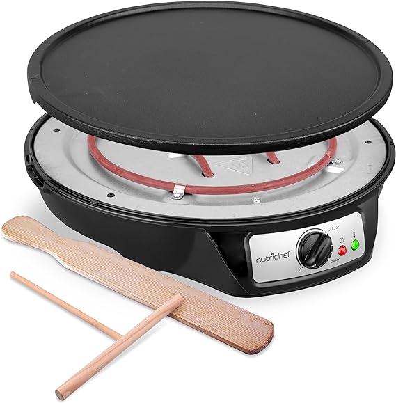 nutrichef Electric Crepe Maker & Griddle - Easy Clean Detachable Cooktop - Cooks Crepes, Bacon, Tortillas & Omelets - 12inch Cook Area with Adjustable Temperature - Includes Spatula & Batter Spreader