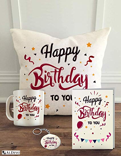 ALDIVO Happy Birthday to You Gift (12" x 12" Cushion Cover with Filler   Printed Coffee Mug   Greeting Card   Printed Key Ring) (Combo)