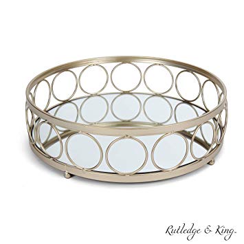 Rutledge & King Ottoman Trays - Mirror Tray Set - Decorative Round Metal Trays - Ornate Coffee Table Trays - Serving Trays Chantilly Designer Tray Set (Medium - 1 Pack, Gold)