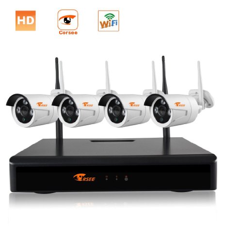 corsee Plug and Play Wireless Surveillance System, 4 Channel 720P HD Wifi Night Vision Cameras with Motion Detection Alarm and ISO or Android App