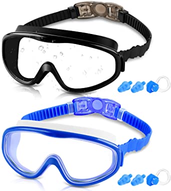 COOLOO Kids Swim Goggles for Age 3-15, 2 Pack Kids Goggles for Swimming with Nose Cover, No Leaking, Anti-Fog, Waterproof