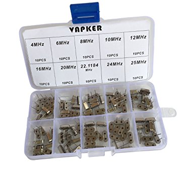 VAPKER 100 Pcs 10 value DIP Quartz Crystal Oscillator 4M,6M,8M,10M,12M,16M,20M,22.1184M,24M,25M Crystal Resonators Oscillator Assortment Kit