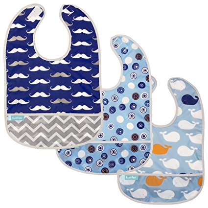 Kushies Cleanbib Waterproof Bib, 3-Pack, 6-12 Months, Blue Crazy Circles 2 / Blue Whales / Navy Mustache