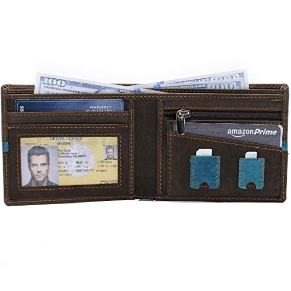 Minimalist Bi-Fold leather wallet in dual color Brown with stripe, SIM Card Slot, Memory & RFID blocking
