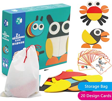 Creative Animal Geo Blocks Wooden Pattern Blocks Puzzles with 20 Designs for Preschool or Kindergarten Kids