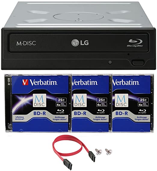 LG WH16NS40 16X Blu-ray BDXL DVD CD Internal Burner Drive Bundle with Free 3pk 25GB M-DISC BD   SATA Cable   Mounting Screws