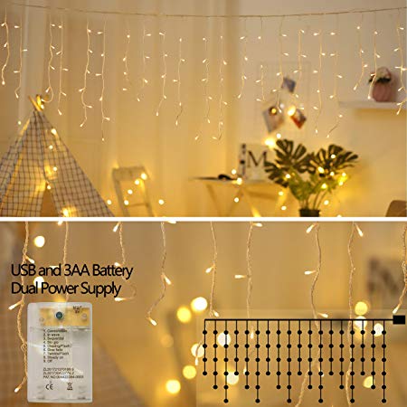 zhuohao LED Icicle Lights,10Ft 90 LED Window Curtain String Light,8 Modes USB Battery Operated,Waterproof Fairy String Lights for Indoor Outdoor Wedding Party Home Garden Wall Decorations,Warm White