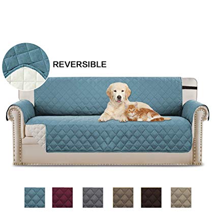 Sofa Slipcover Reversible Elastic Straps Furniture Protector, Soft and Suede-Like Finish Crafted Sofa Protector/Slipcovers Stay in Place, 110 inch X 75 inch (Three Seater: Smoke Blue/Beige)