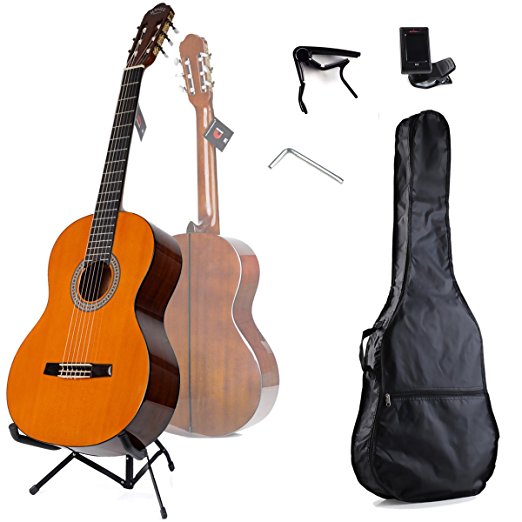 WINZZ 39 Inches Nylon String Student Classical Guitar with "Smile" Bridge, Bag, Tuner, Stand, Capo