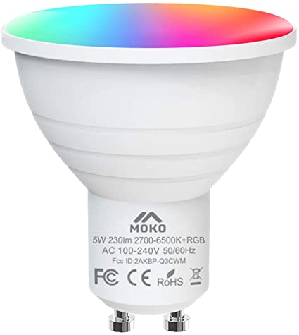 MoKo Smart WiFi LED Light Bulb, 5W GU10 Dimmable Bulb RGB   Cool Light   Warm Light Work with Alexa Echo,Google Home, Voice/APP Control, Timer, No Hub Only Supports 2.4GHz Network, White