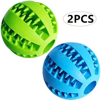 Dog Treat Toy Ball, Dog Tooth Cleaning Toy, Interactive Dog Toys(1 Green 1 Blue) 2.8" Pack of 2