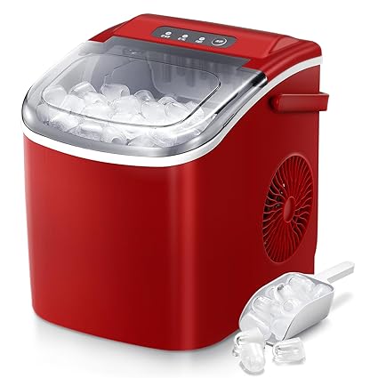 R.W.FLAME Ice Makers Countertop, Portable Ice Maker Machine with Self-Cleaning, 26.5lbs/24Hrs, 6 Mins/9 Pcs Bullet Ice, Ice Scoop and Basket, Handheld Ice Maker for Kitchen/Home/Office/Party,Red