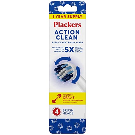Plackers Action Clean Replacement Brush Heads, 1 Year Supply – 4 Count (Fits Most Oral-B Electric Toothbrushes)