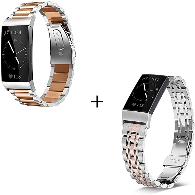 Shangpule Compatible for Fitbit Charge 3 & Charge3 SE Bands(2 Pack), Stainless Steel Metal Replacement Accessories Women Man Large Small(Silver Rose Gold)
