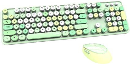 KKT Colorful Computer Wireless Keyboard Mouse Combos, Typewriter Flexible Keys Office Full-Sized Keyboard, 2.4GHz Dropout-Free Connection and Optical Mouse (Green-Colorful)