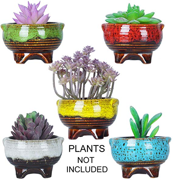 4 Inch Cute Modern Ceramic Round Small Succulent Cactus Planter Pot Tripod Mini Glaze Flowers Plant Containers Tiny Pots with Drainage Perfect for Desk or windowsill Pack of 5