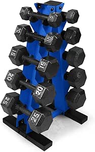 WF Athletic Supply 5-25 Lb Cast Iron Dumbbells Set with A Frame Storage Rack, Solid Gray/Black Hexagon Free Weights for Weight Lifting & Strength Training, Storage Rack Color Options Available