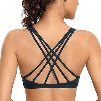 CRZ YOGA Strappy V Neck Sports Bras for Women - Criss Cross Back Wireless Padded Workout Yoga Bra