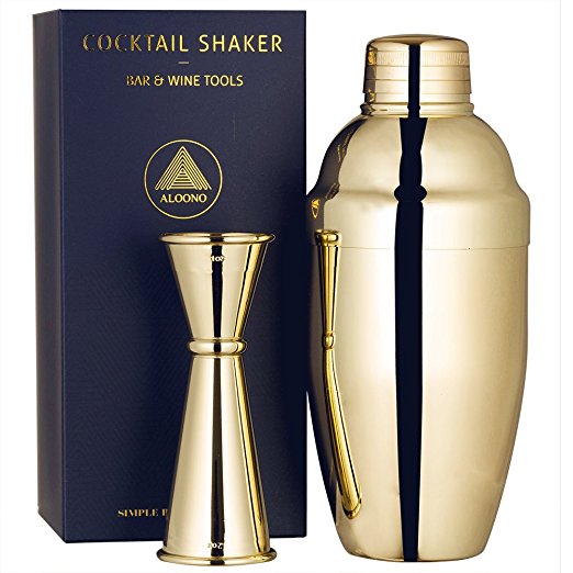 Cocktail Shaker Set by ALOONO: 18oz Weighted Martini Shaker and Japanese Jigger (0.5oz - 2oz), 18/8 Professional Stainless Steel Cocktail Set with Recipes and Greeting Card - Gold Plated