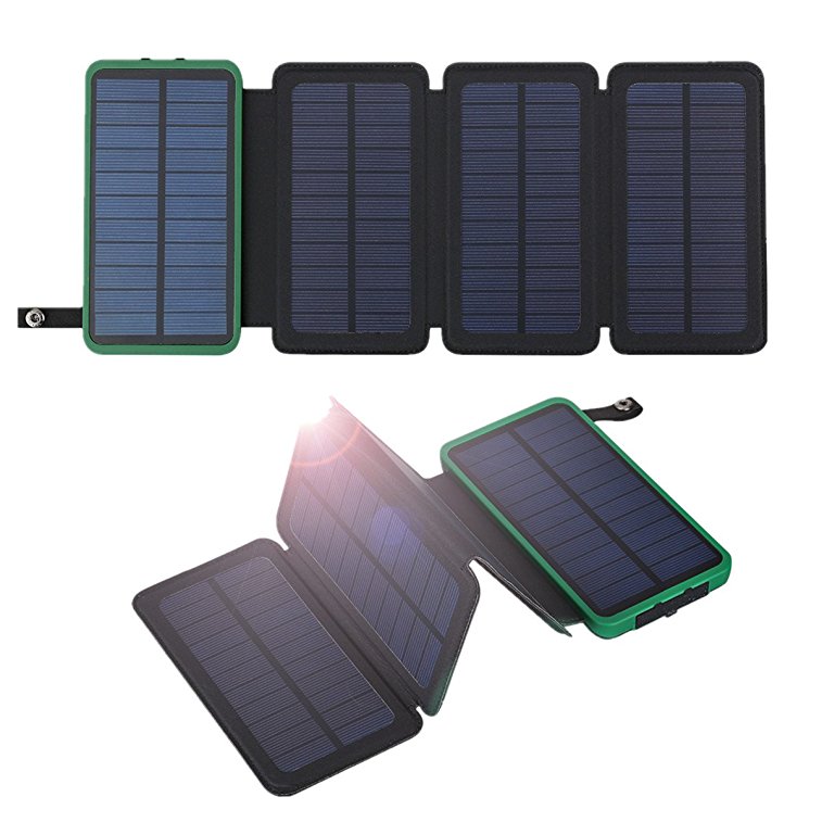 FLOUREON 10000mAh Portable Foldable Solar Panel Charger Power Bank Backup Battery with Dual USB LED Lighting for iPhone iPad Android Phone Emergency Camping Outdoors(Green)