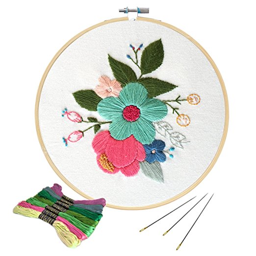 Unime Full Range of Embroidery Starter Kit with Partten, Cross Stitch Kit Including Embroidery Cloth with Color Pattern, Bamboo Embroidery Hoop, Color Threads, and Tools Kit (Flower)