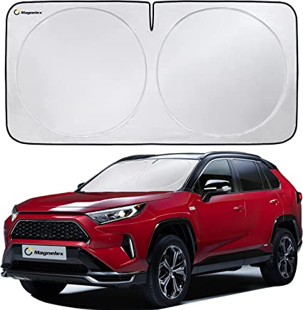Magnelex Car Windshield Sun Shade with Storage Pouch. Reflective 240T Material Car Sun Visor with Mirror Cut-Out for Car, Truck, Van or SUV. Foldable Sun Shield for Sun Heat and UV Protection (Medium)