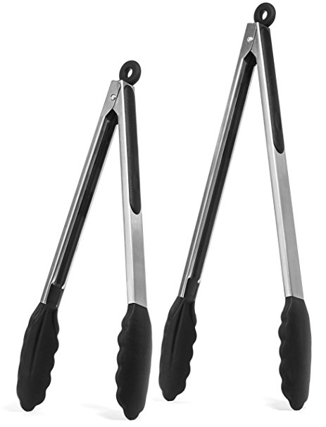 Elite KitchenwareTM Stainless Steel Tongs Set - Salad Tongs - Serving Tongs - Kitchen Tongs - 12 Inch & 14 Inch Cooking Tongs With Silicone Tips, Perfect Tongs For All Food & BBQ - Kitchen Utensils