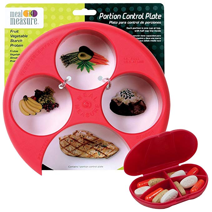 Meal Measure Portion Control - 4 Sections for easy food portioning (1, Red w/Pill Case)