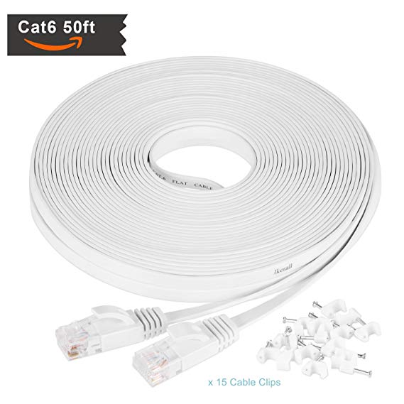 Cat6 Ethernet Cable 50 ft White with Free White Cable Clips - Ikerall RJ45 Flat Ethernet Patch Cable Internet Wire 50 Feet(15 Meters)