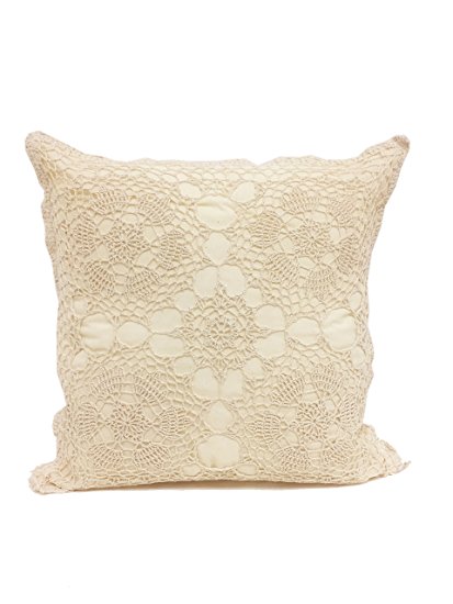 Fennco Styles Handmade Floral Design Crochet Lace Decorative Throw Pillow Sham - 100% Cotton (17"X17" Pillow Case, Beige)