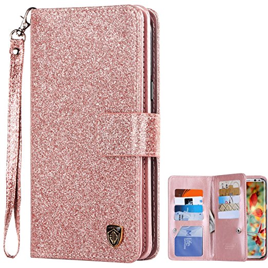 Galaxy S8 Case, Samsung Galaxy S8 Case, BENTOBEN Galaxy S8 Wallet Case Glitter Faux Leather Flip Credit Card Holder Wristlet Shockproof Protective Case for Samsung Galaxy S8 2017 (5.8 Inch), Rose Gold