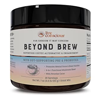 Beyond Brew Mushroom Superfood Coffee | Mushroom Coffee Alternative Caffeine Free | Healthy Coffee Substitute | W/ Prebiotics & Probiotics* | By Live Conscious | 30 Servings