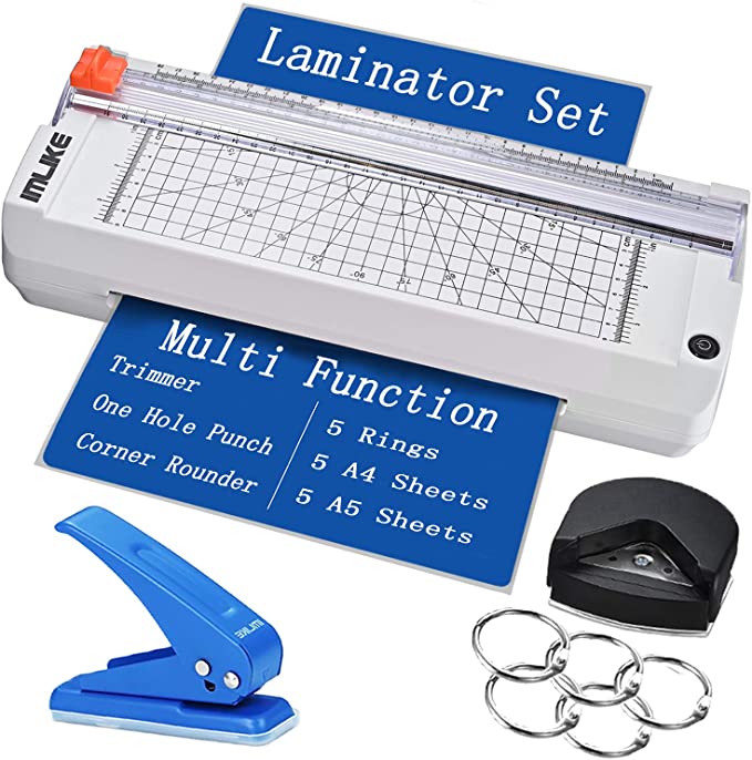 IMLIKE A4 Laminator Machine with Paper Trimmer: 6 in 1 Hot Laminator with 10 Laminating Sheets, Corner Rounder, 5 Book Binder Rings, Single Hole