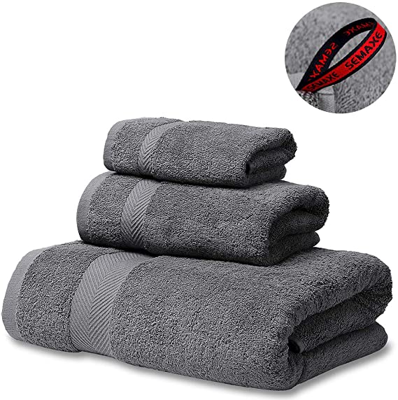 SEMAXE Cotton Soft Towels Set,1 Bath Towel,1 Hand Towel,1 Washcloth,Luxurious Towel for Bathroom - Pack of 3,Gray