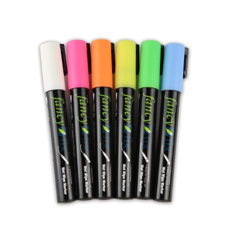 FANCY-FIX Liquid Chalk Marker Pen Dry Erase Glass Pens-Pack of 6 Bright Bold Assorted Colors 5mm Chisel Nib