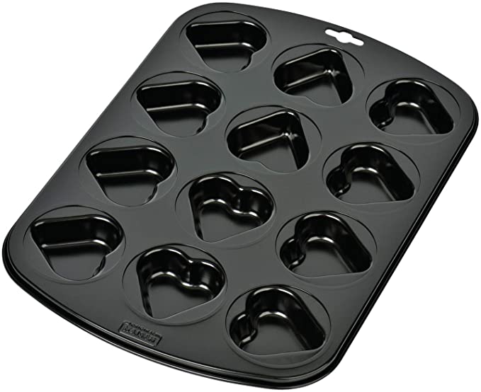KAISER spring muffin pan, 12 mini heart-shaped cups. Very good non-stick coating, short baking time for sweet, and hearty recipes