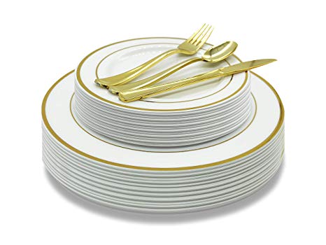 EcoEarth 125-Piece Elegant Plastic Plates & Cutlery Set Service for 25 Disposable Place Setting Includes: 25 Dinner Plates, 25 Dessert Plates, 25 Forks, 25 Knives, 25 Spoons (Gold Rim), Dinnerware Set
