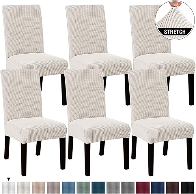 High Stretch Dining Chair Covers for Dining Room (Set of 6) Parson Chair Slipcovers for Wedding Hotel Ceremony | Easy Fitting Removable Dining Chair Covers Feature Textured Jacquard Fabric - Off White