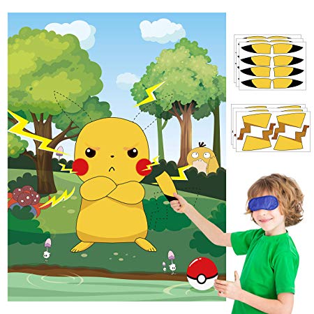 Ticiaga 36pcs Pin The Tail And Ear On The Pikachu Poster for Kids, Cartoon Pikachu Stickers Game With Blindfold, Party Favors Supplies for Wall Decoration, Birthday Celebration Decoration Props