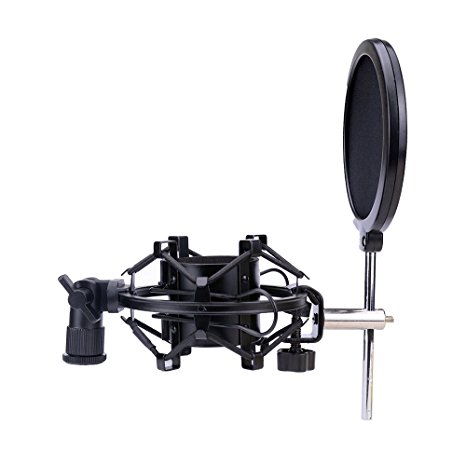 Ledinus Universal Metal Microphone Shock Mount With Pop Filter Windscreen Shield,Connector Adapter,Anti Vibration Suspension Mic Mount Holder Clip For Most Diameter Condenser Mic,Black
