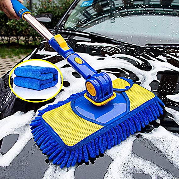 Car Wash Brush Kit Portable Car Washing Cleaning Mop 360° Rotation Ultra Plush Telescopic Chenille Car Wash Brush with Long Handle Microfiber Car Drying Towels Super Absorbent