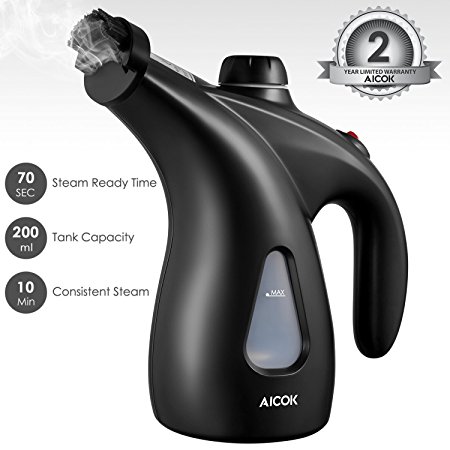 Aicok Clothes Steamer, 900W Fast-Heat Powerful Travel Steamer,200ML High Capacity Garment Steamer Perfect for Home and Travel, Portable Handheld Fabric Steamer with Brush and Travel Pouch, Black.