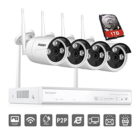 incoSKY W1-H Wireless Security Camera System 5-IN-1 WiFi DVR/NVR 960P 4CH HD(Night Vision, Motion Alerts, IP66 Waterproof for Office, Home Surveillance), with 1TB Hard Drive